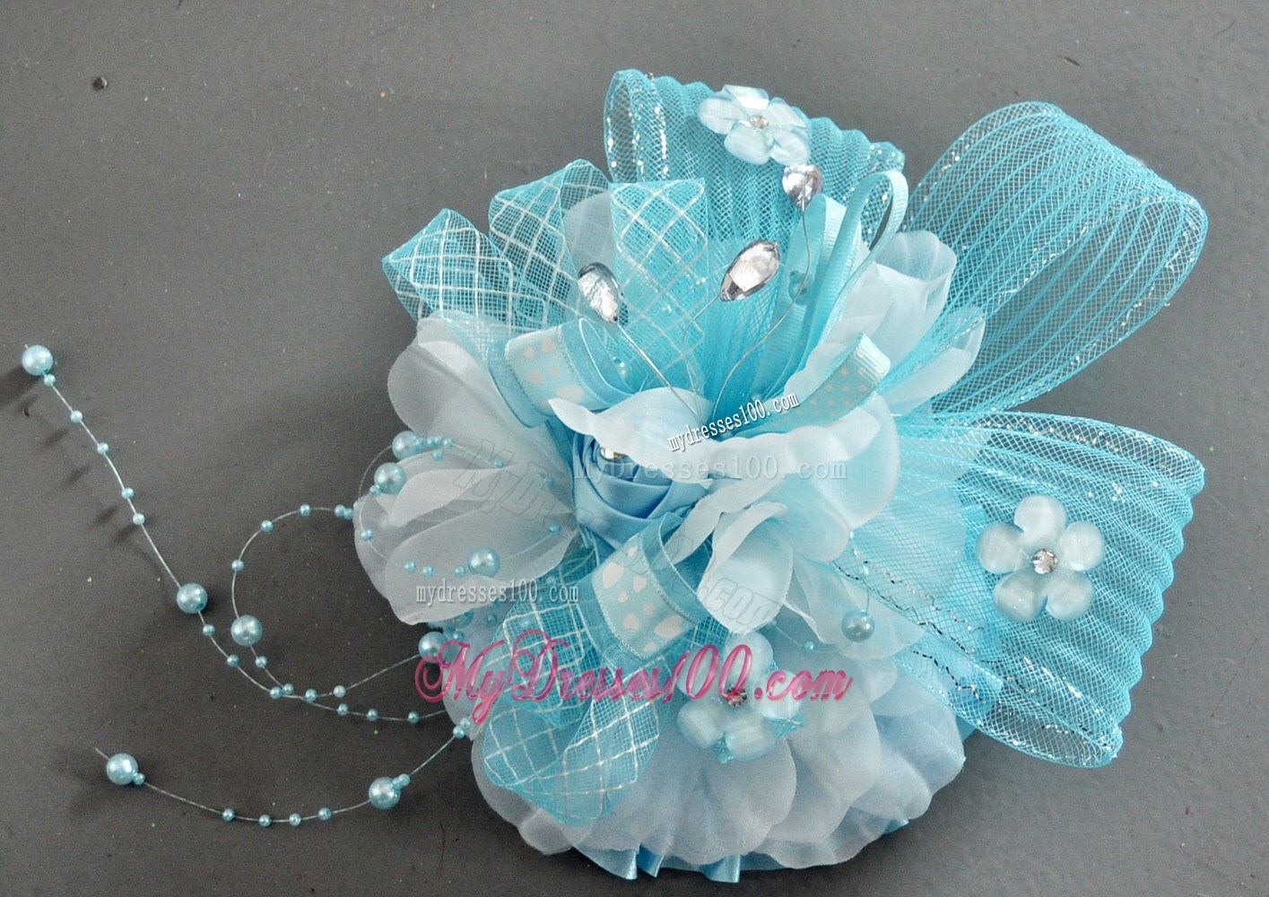 Tulle Aqua Blue Fully Handmade Headpices With Rhinestones and Flowers Decorate For Party