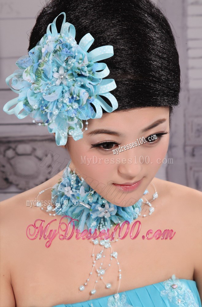 Tulle Aqua Blue Imitation Pearls and Flowers Decorate For Party In 2013 New York