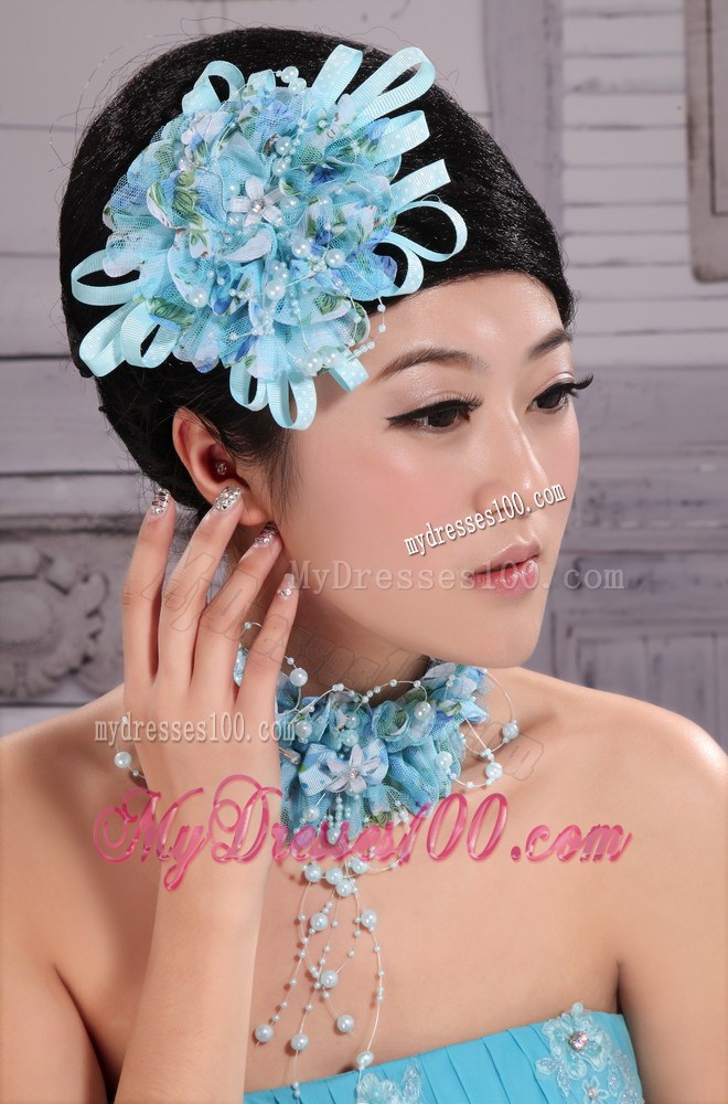 Tulle Aqua Blue Imitation Pearls and Flowers Decorate For Party In 2013 New York