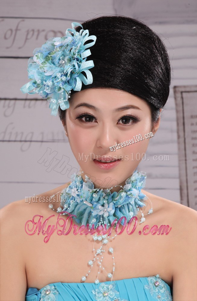 Tulle Aqua Blue Imitation Pearls and Flowers Decorate For Party In 2013 New York