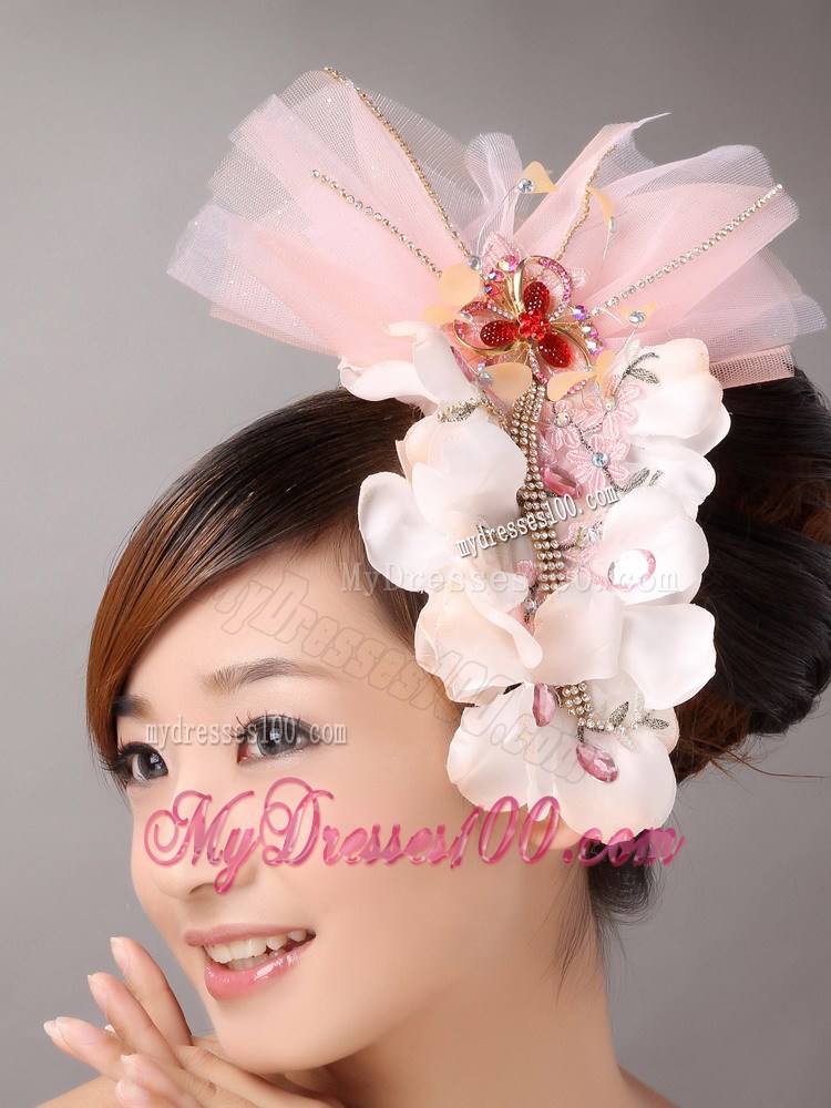Tulle and Organza Beaded and Flowers Decorate Baby Pink Headpices
