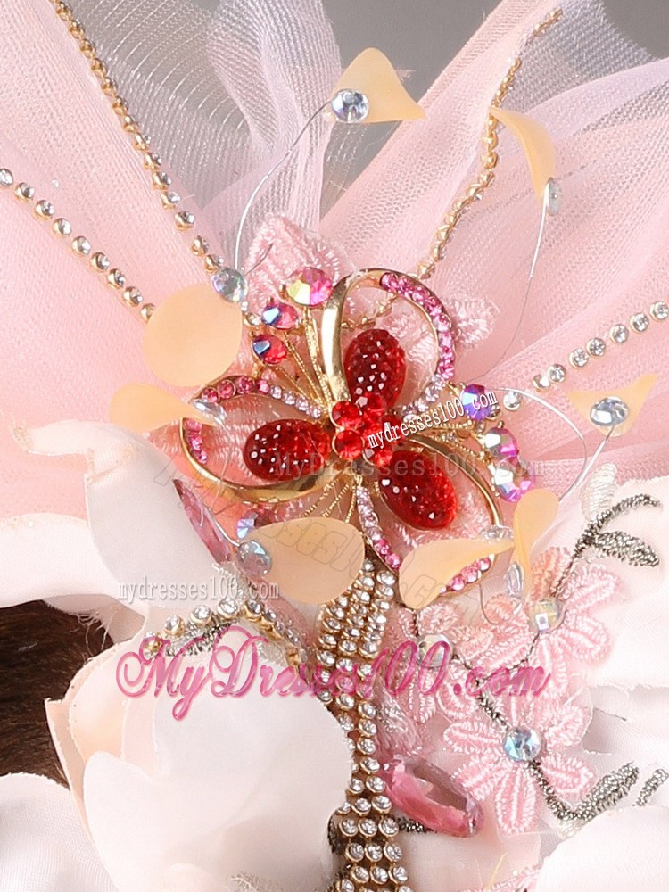 Tulle and Organza Beaded and Flowers Decorate Baby Pink Headpices
