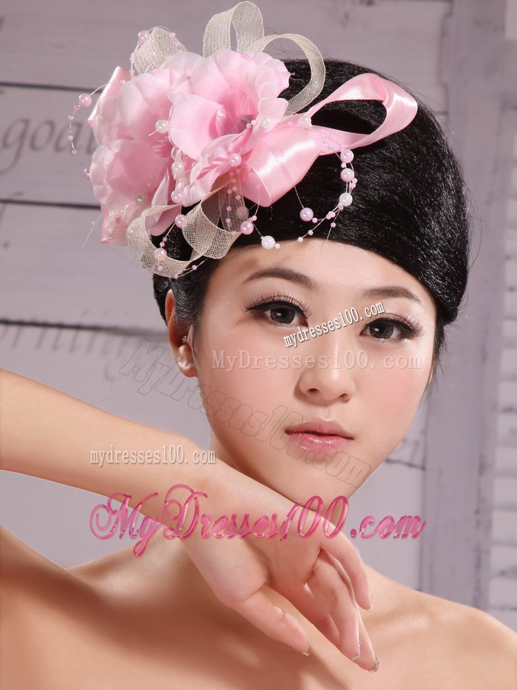 Wedding Party Pink Big Flower Pearls Chiffon and Tulle Headdress Bride