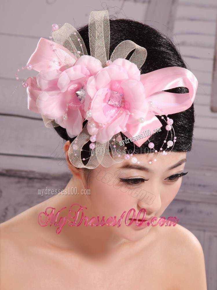 Wedding Party Pink Big Flower Pearls Chiffon and Tulle Headdress Bride