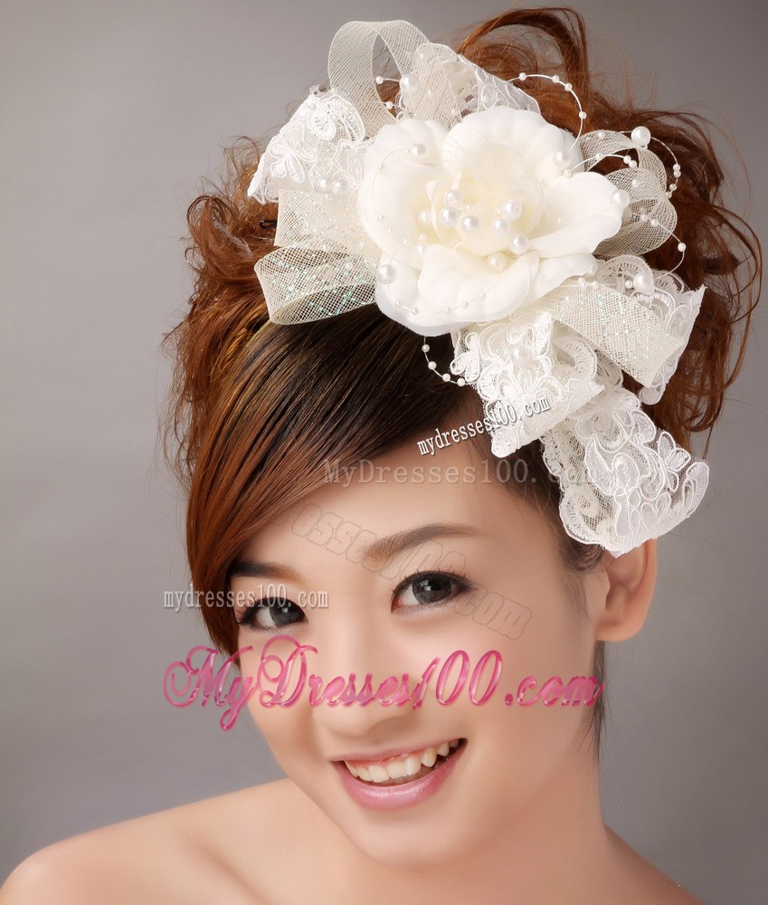 White Imitation Pearls Flower Sweet Tulle Fascinators