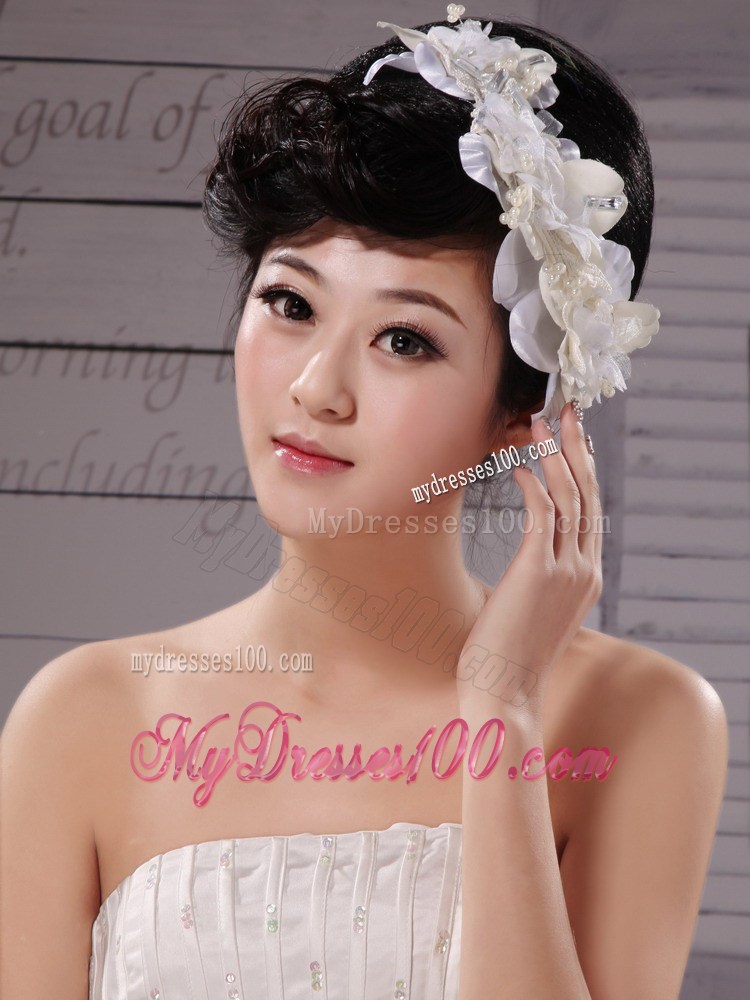 White Tulle Imitation Pearls With Hand Made Flowers Fascinators
