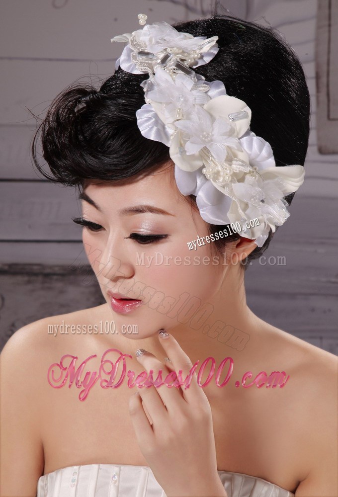 White Tulle Imitation Pearls With Hand Made Flowers Fascinators
