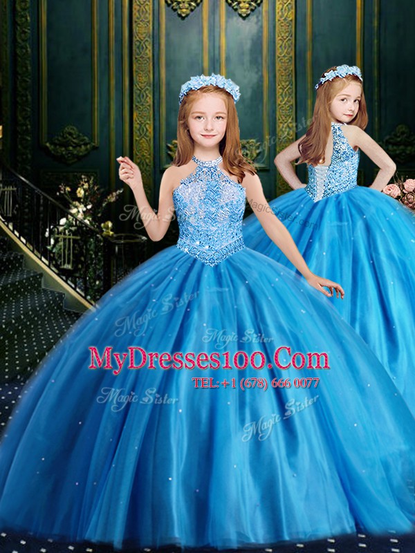Excellent Halter Top Sleeveless Tulle Floor Length Lace Up Kids Pageant Dress in Baby Blue with Beading and Sequins