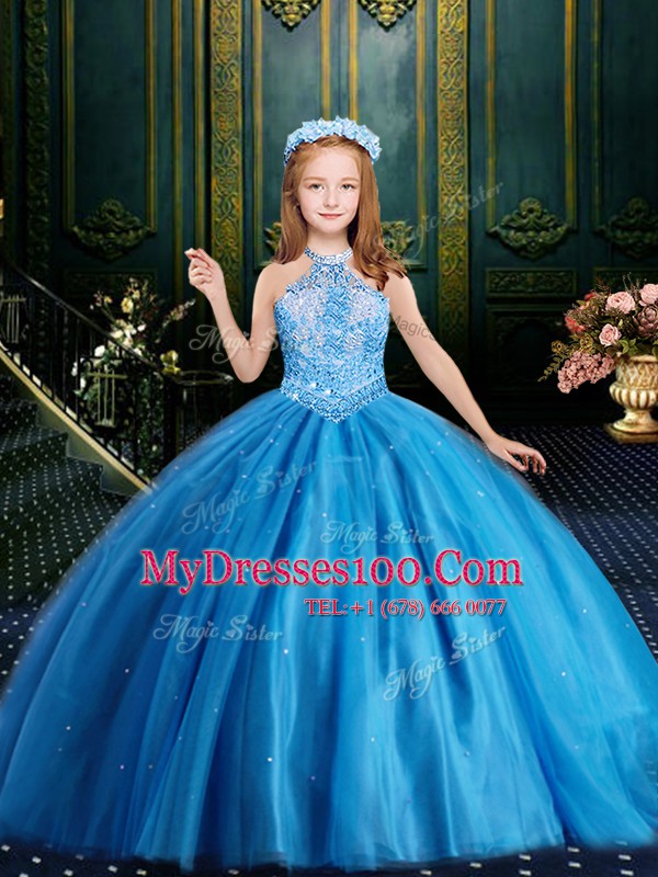 Excellent Halter Top Sleeveless Tulle Floor Length Lace Up Kids Pageant Dress in Baby Blue with Beading and Sequins
