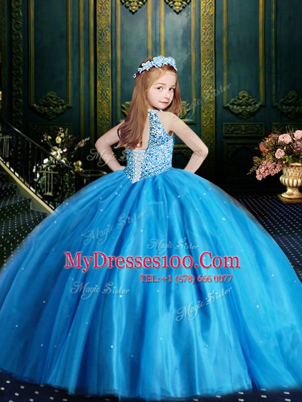 Excellent Halter Top Sleeveless Tulle Floor Length Lace Up Kids Pageant Dress in Baby Blue with Beading and Sequins