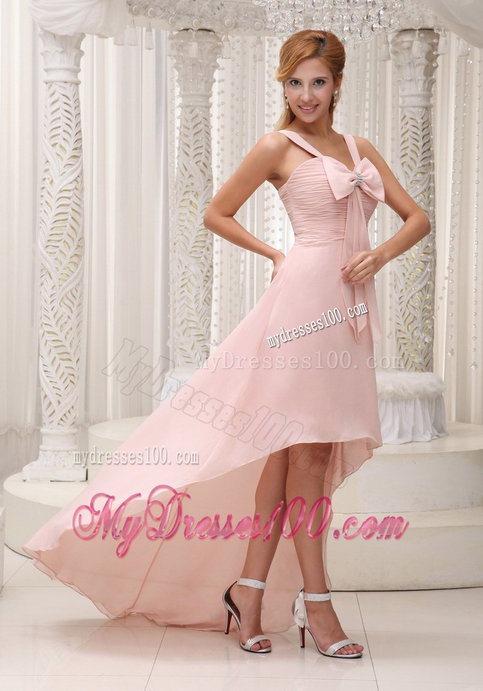 Light Pink High-low Homecoming Dress For 2013 Ruched Bowknot 