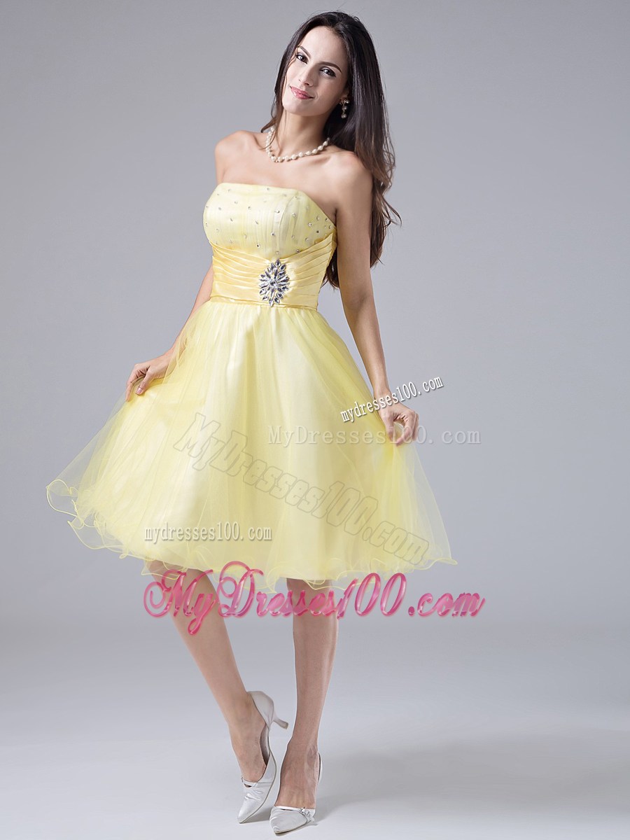 2013 Light Yellow Homecoming Dresses With Beaded Ruche Strapless
