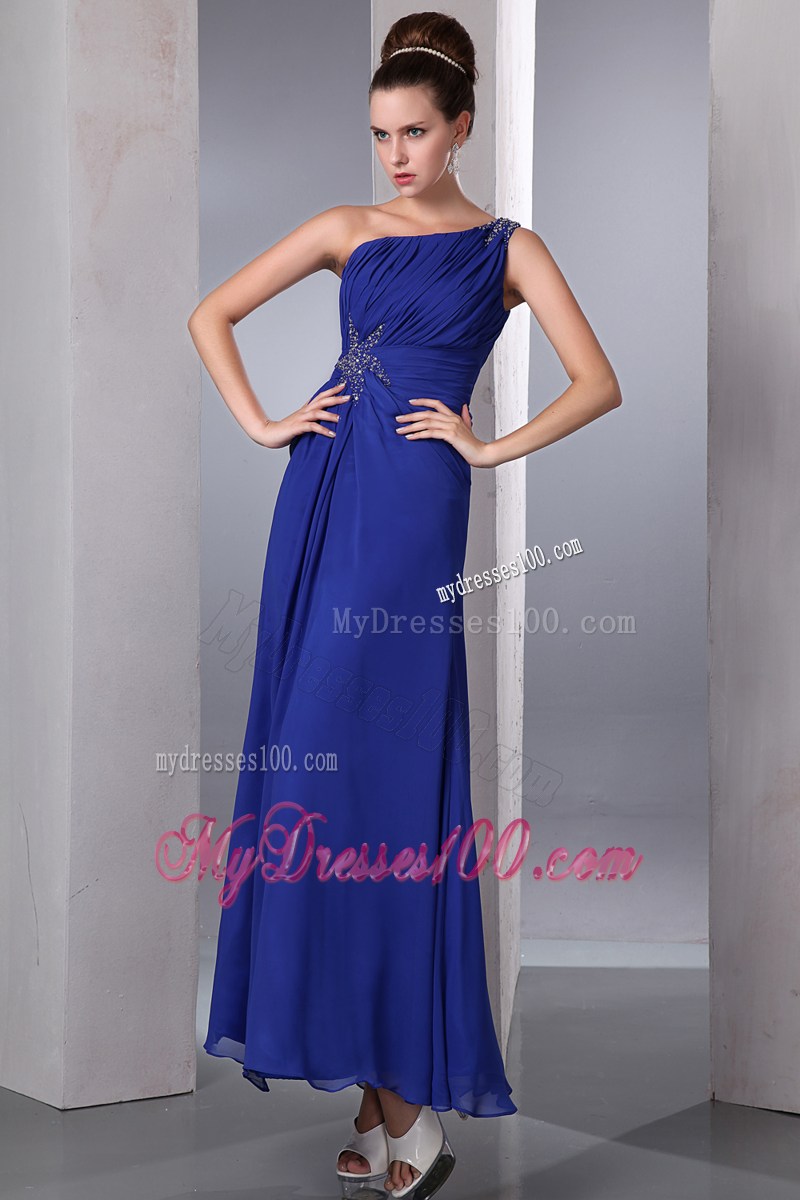 Blue Empire One Shoulder Beading Homecoming Dresses Ankle-length