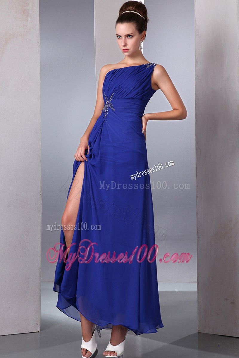 Blue Empire One Shoulder Beading Homecoming Dresses Ankle-length