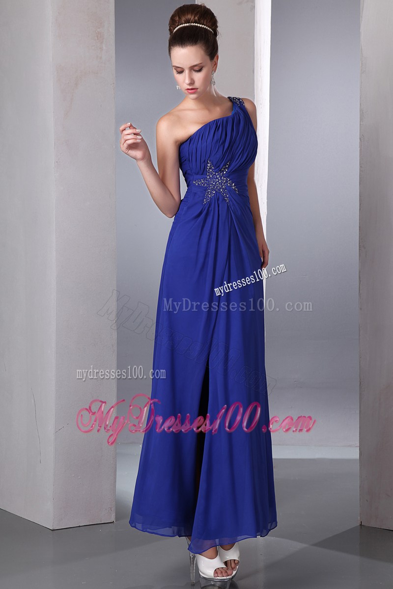 Blue Empire One Shoulder Beading Homecoming Dresses Ankle-length
