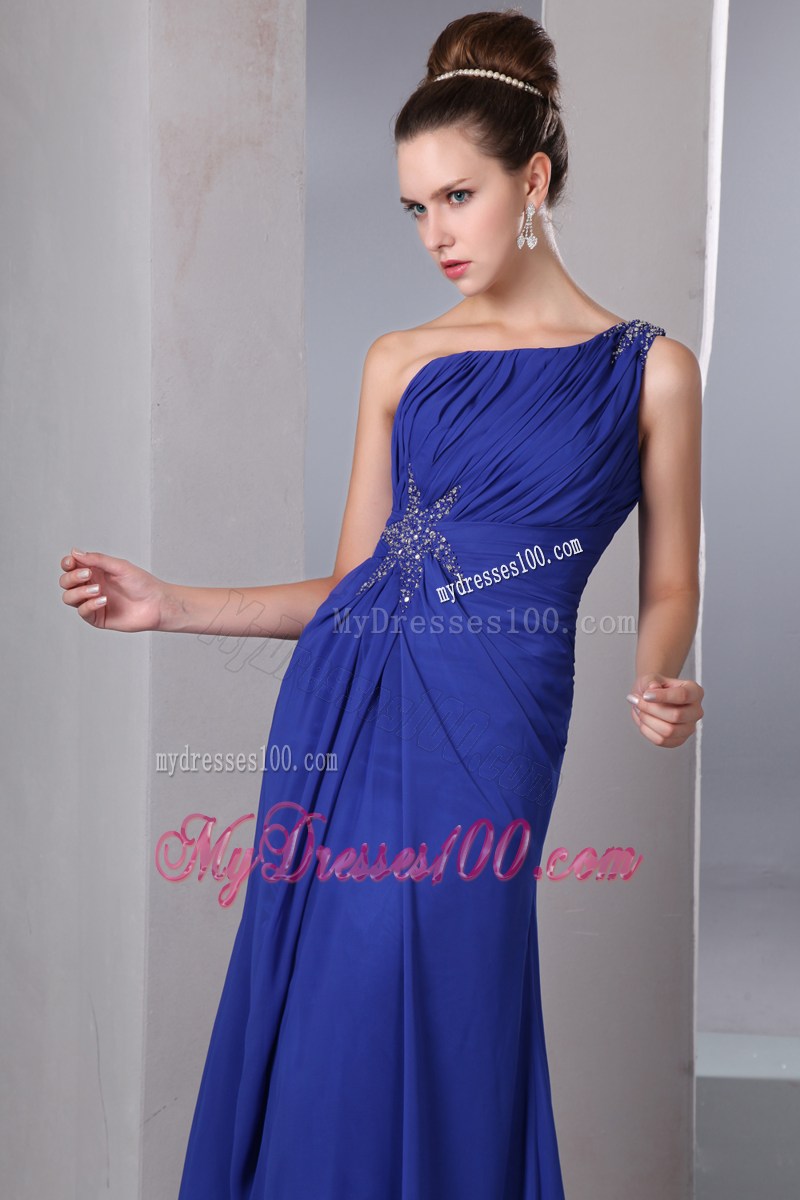 Blue Empire One Shoulder Beading Homecoming Dresses Ankle-length