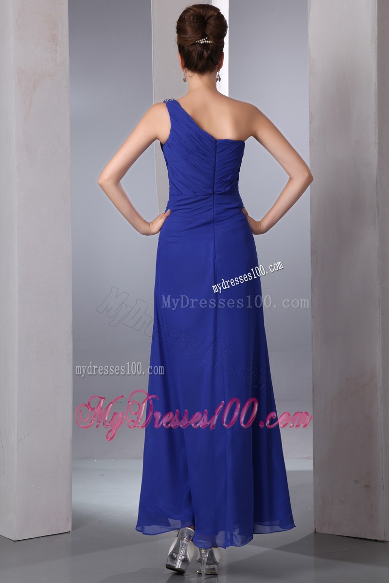 Blue Empire One Shoulder Beading Homecoming Dresses Ankle-length