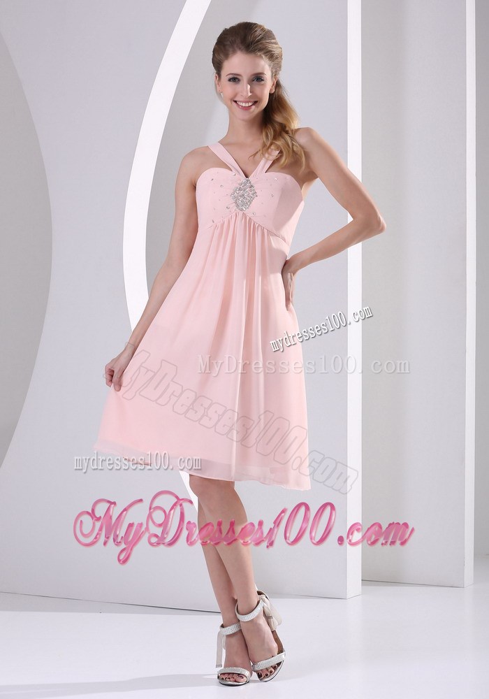 Baby Pink Straps V-neck Short Homecoming Dresses With Beading