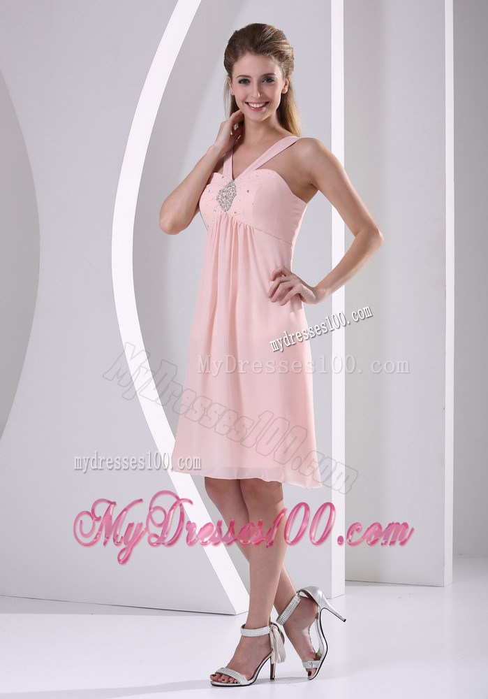 Baby Pink Straps V-neck Short Homecoming Dresses With Beading