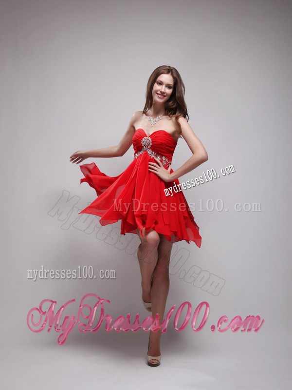 Red Empire Sweetheart Neck Beading Ruche Prom Homecoming Dress