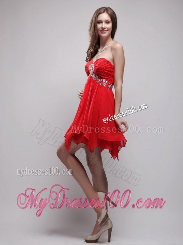 Red Empire Sweetheart Neck Beading Ruche Prom Homecoming Dress