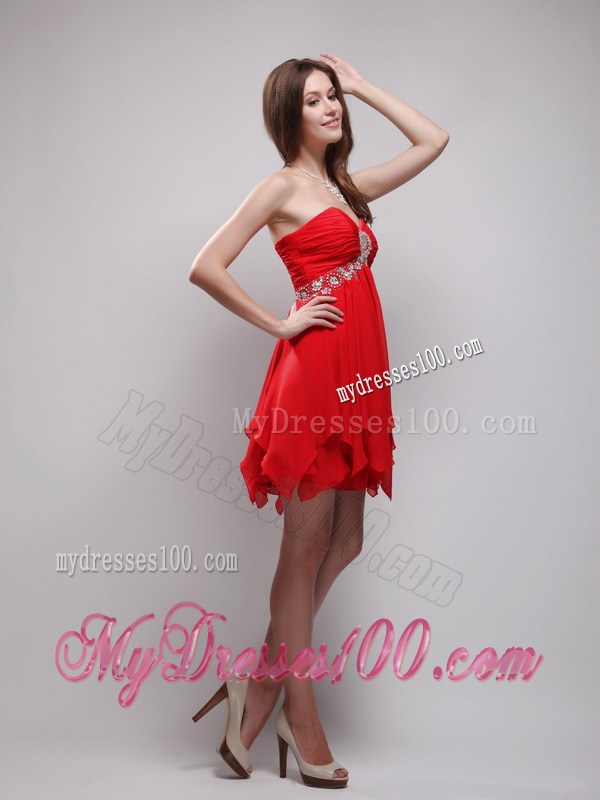Red Empire Sweetheart Neck Beading Ruche Prom Homecoming Dress