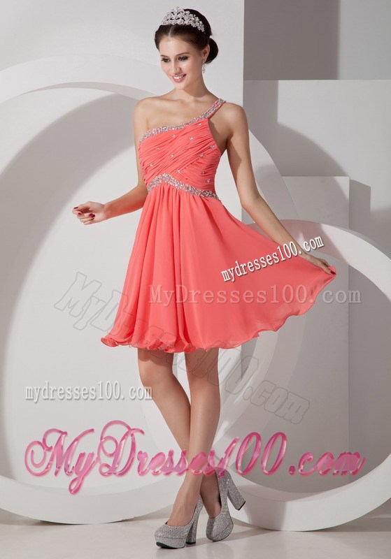 Orange Red One Shoulder Homecoming Dress Beading and Ruching