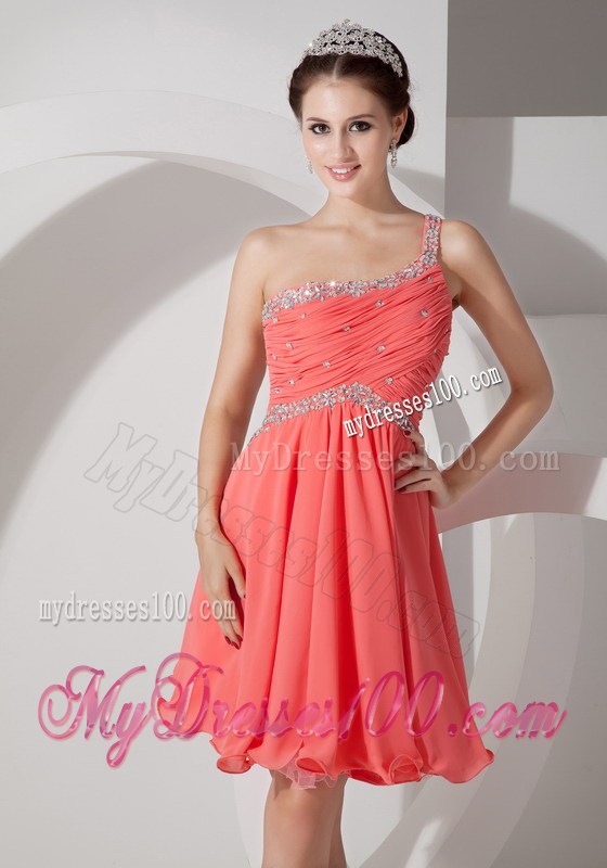 Orange Red One Shoulder Homecoming Dress Beading and Ruching