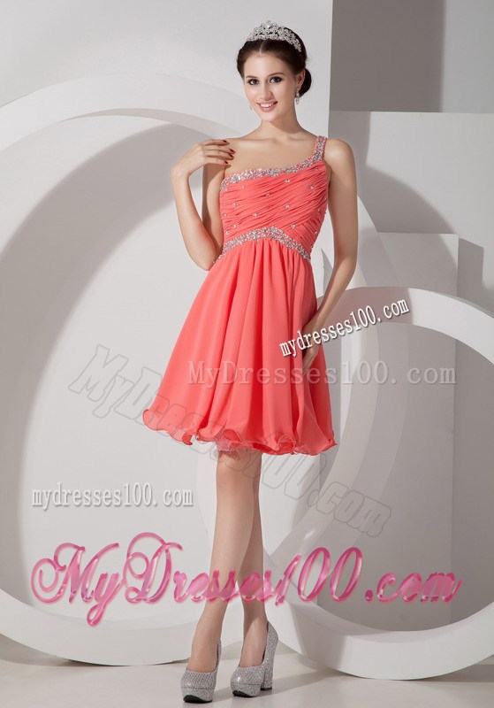 Orange Red One Shoulder Homecoming Dress Beading and Ruching