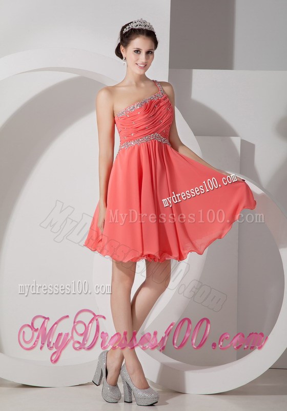 Orange Red One Shoulder Homecoming Dress Beading and Ruching
