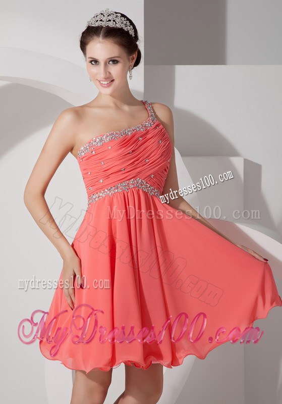 Orange Red One Shoulder Homecoming Dress Beading and Ruching