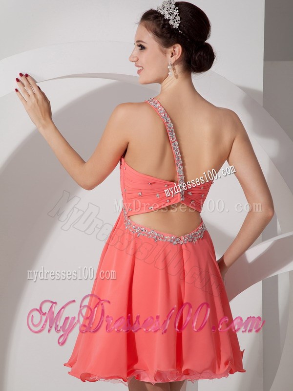 Orange Red One Shoulder Homecoming Dress Beading and Ruching