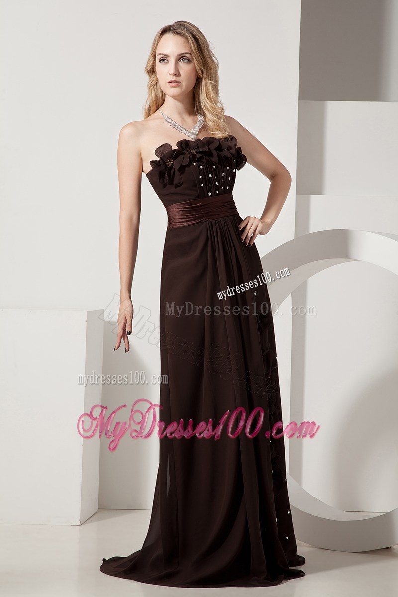 Brown Strapless Beading and Hand Flowers Homecoming Dresses
