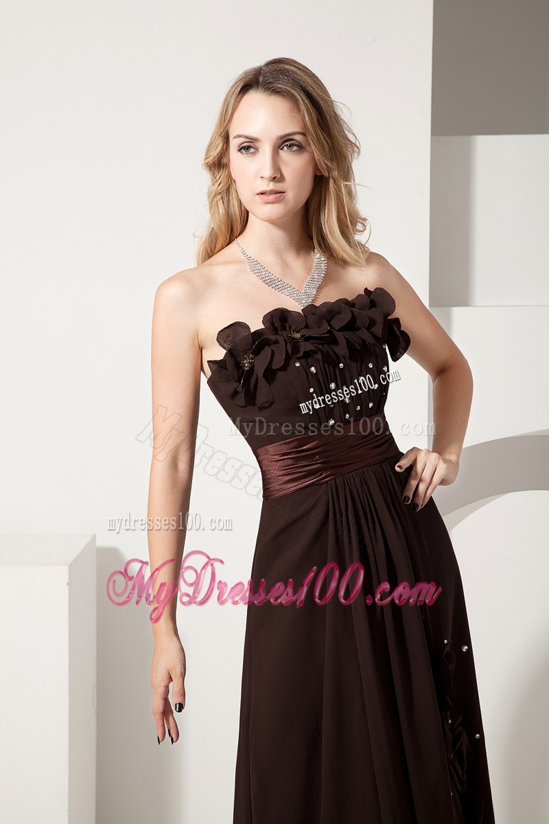 Brown Strapless Beading and Hand Flowers Homecoming Dresses