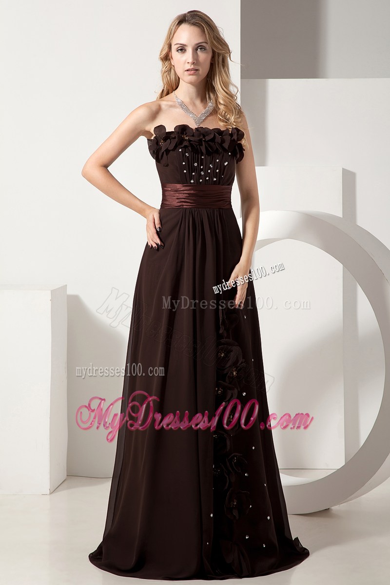 Brown Strapless Beading and Hand Flowers Homecoming Dresses
