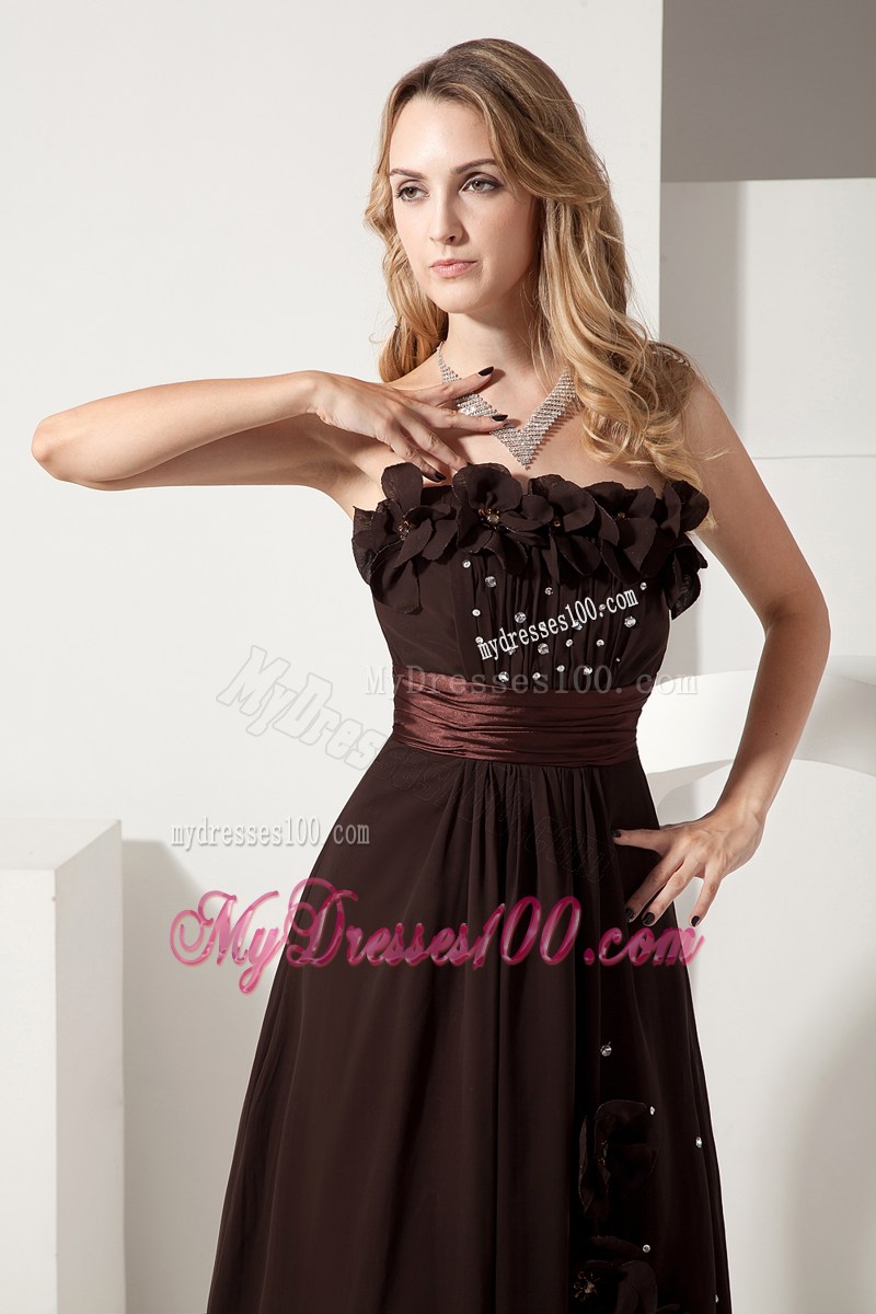 Brown Strapless Beading and Hand Flowers Homecoming Dresses