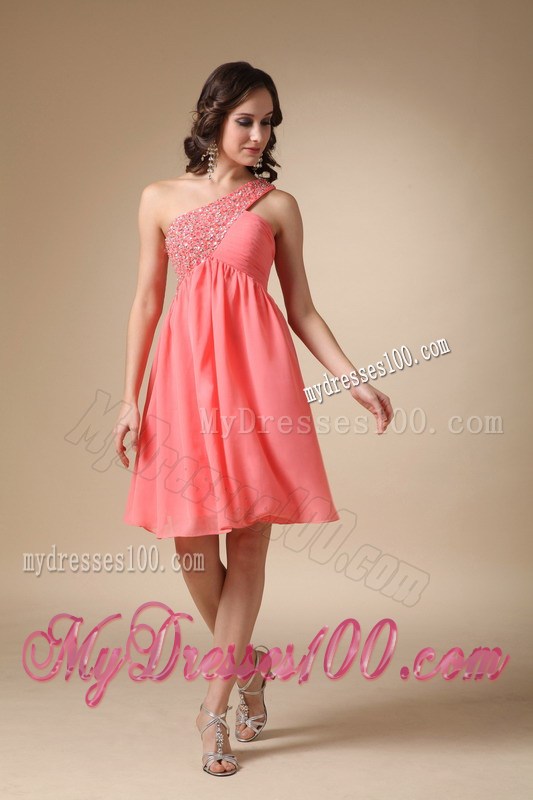 Watermelon Red One Shoulder Beading Prom Homecoming Dress