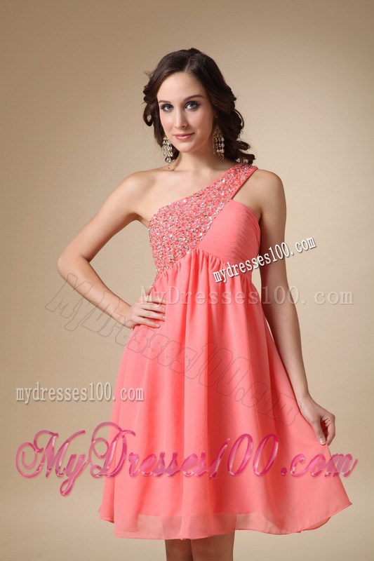 Watermelon Red One Shoulder Beading Prom Homecoming Dress