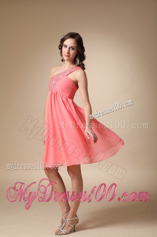 Watermelon Red One Shoulder Beading Prom Homecoming Dress