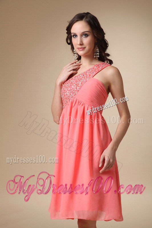 Watermelon Red One Shoulder Beading Prom Homecoming Dress