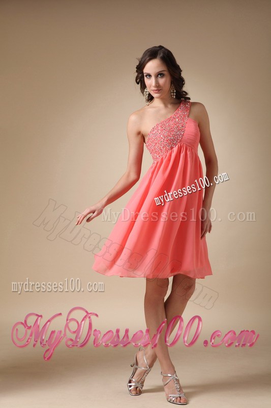 Watermelon Red One Shoulder Beading Prom Homecoming Dress