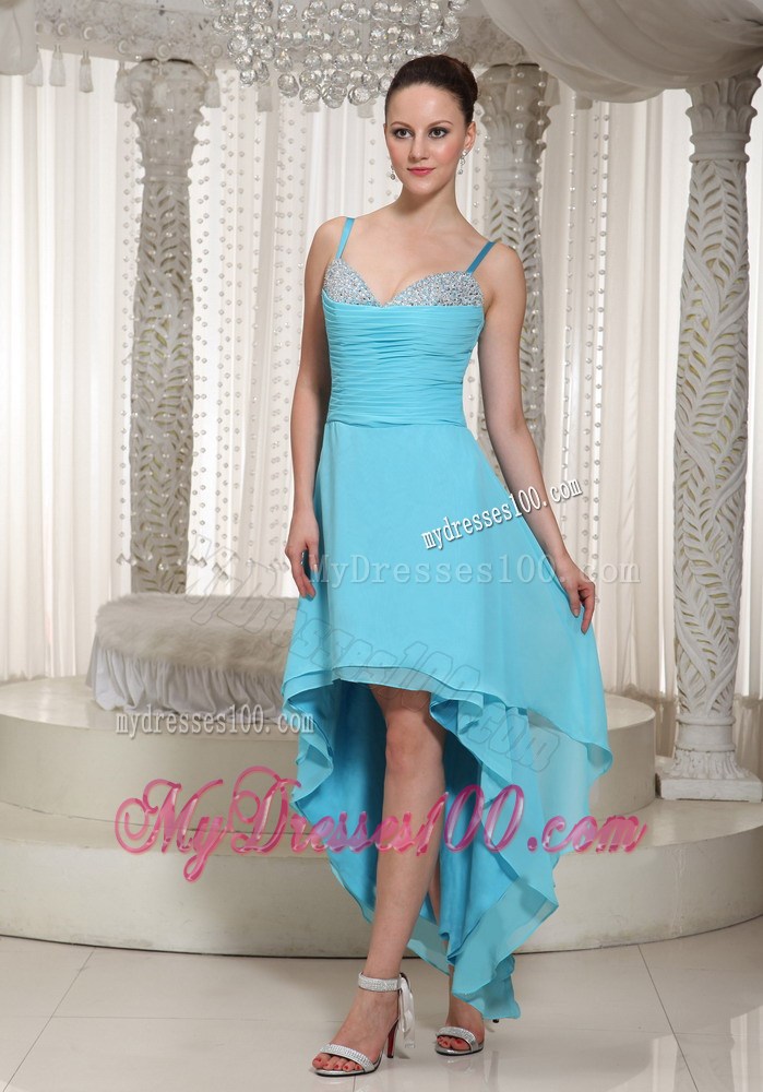High-low Aqua Homecoming Dresses With Spaghetti Straps Beaded 