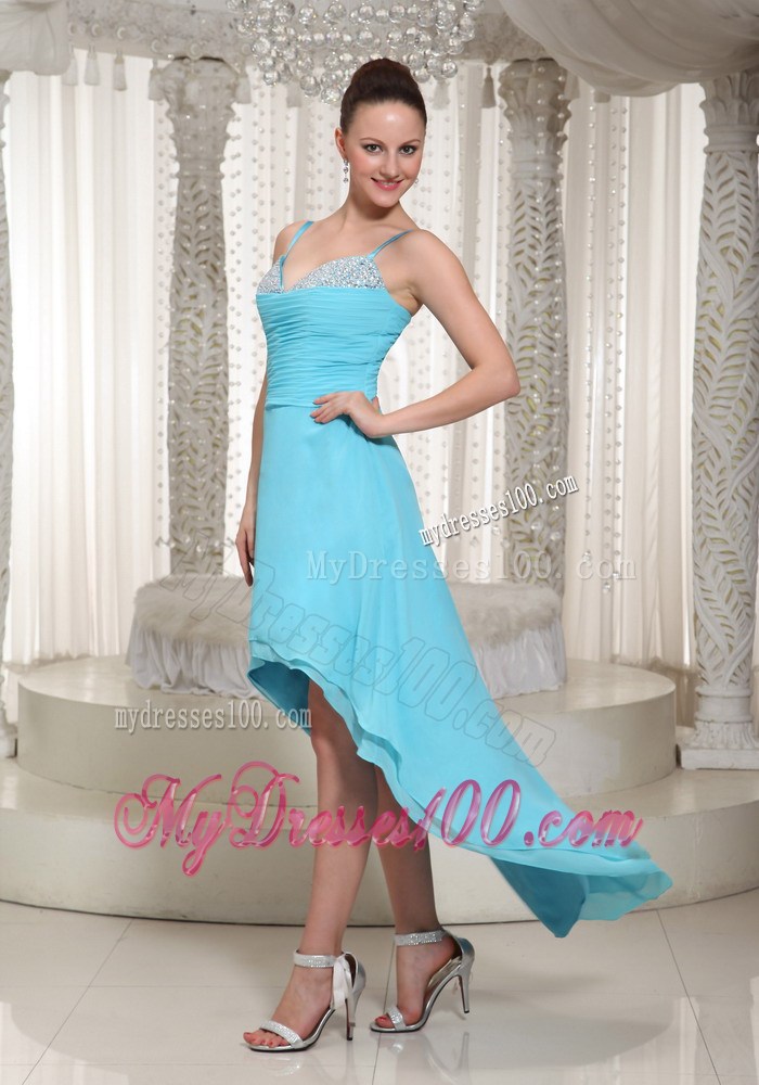 High-low Aqua Homecoming Dresses With Spaghetti Straps Beaded 