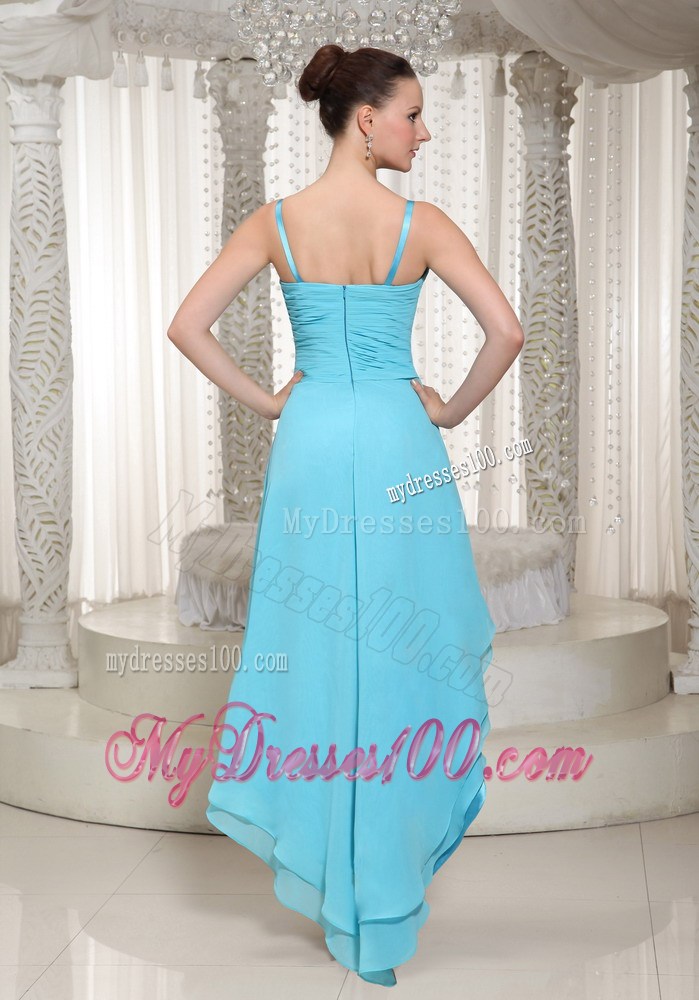 High-low Aqua Homecoming Dresses With Spaghetti Straps Beaded 