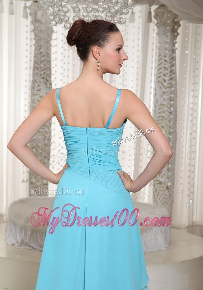 High-low Aqua Homecoming Dresses With Spaghetti Straps Beaded 