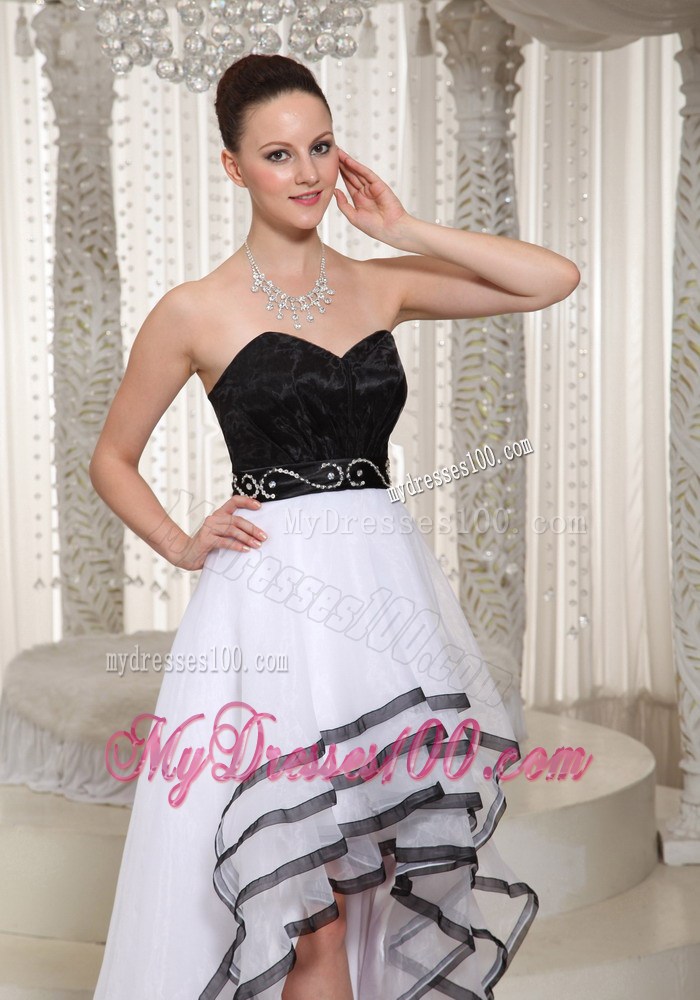 Black and White High-low Sweetheart Homecoming Dress Belt Beading