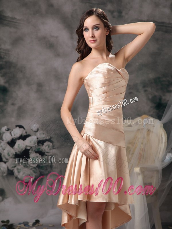 Champagne Sweetheart High-low Ruching Homecoming Dresses
