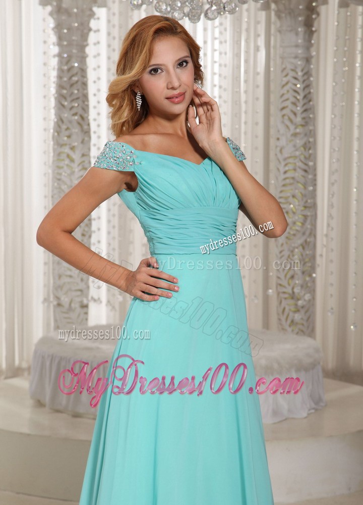 Aqua Blue Off The Shoulder Ruched Homecoming Dresses Beading