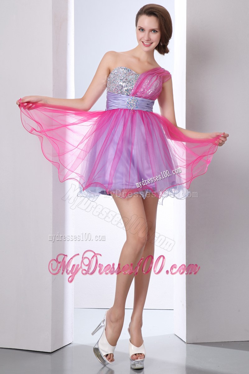 Hot Pink and Lilac One Shoulder Beading Homecoming Dresses