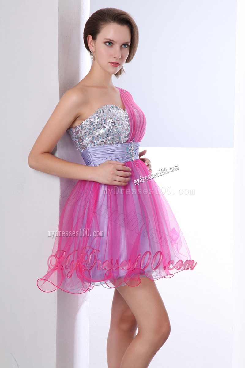 Hot Pink and Lilac One Shoulder Beading Homecoming Dresses
